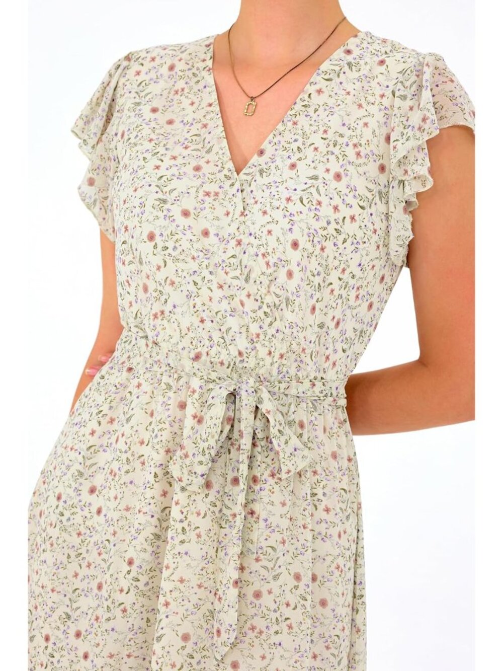 Women Summer Bohemian Floral Casual Wrap V Neck Ruffle Cap Sleeveless Belt A-Lin - Picture 5 of 7